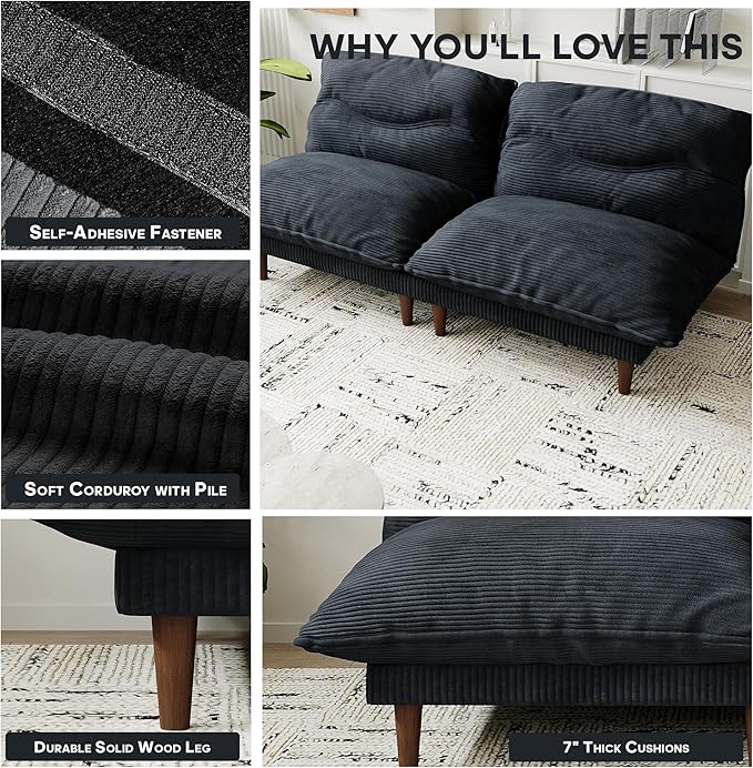 DreamDashio Futon Sofa Bed, 4 in 1 Multi-Functional Futon Couch with Adjustable Backrest, Convertible Sleeper Sofa Bed and Recliner Lounge, Loveseat for Living Room, Apartment, Office, 2 Sets, Black