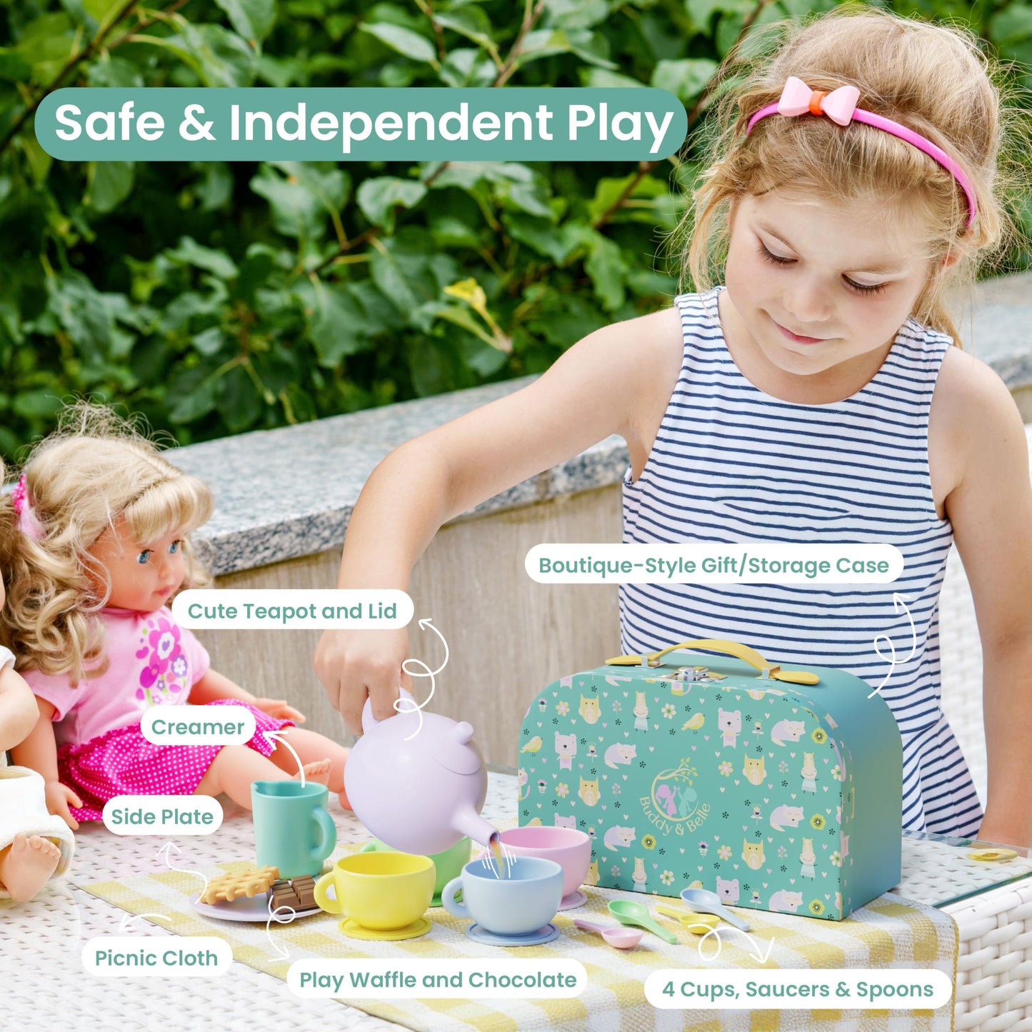 Silicone Tea Set for Kids - 18 Pcs Kids Tea Party Set - Gift Ready Storage Case and Picnic Cloth - Food Grade Silicone - Dishwasher Safe - BPA Free - Childs Tea Set - Development Play