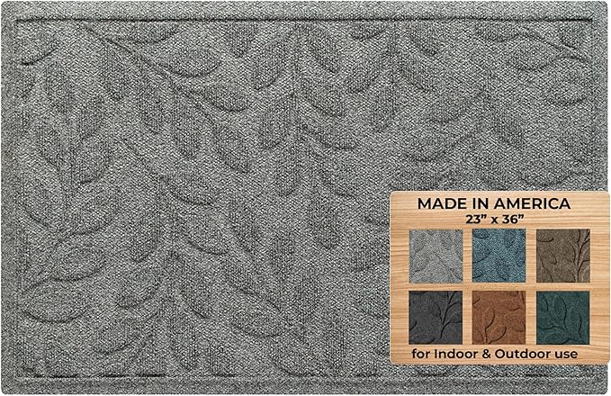 WaterHog Welcome Mat for Indoor/Outdoor, 2’ x 3’, Made in USA, Durable & Water-Resistant, Dirt Trapping Mat, Decorative Front Door and Entryway Rug, Brittney Leaf Design, Medium Grey