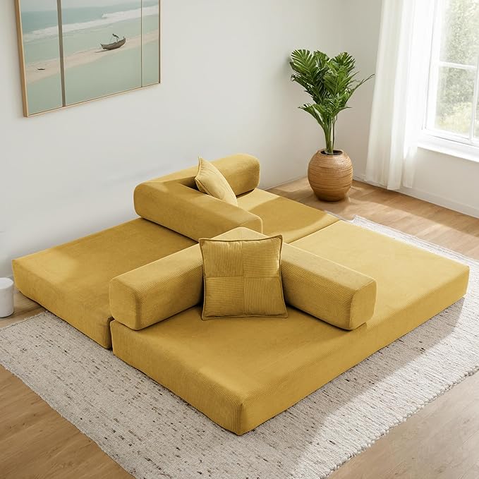 Convertible Couch Sofa Bed Foldable Floor Sleeper | Modern Fold Out Deep Seat Couch | Removable Backrest & Armrests | No Assembly Compression Sofa Sleeper for Living Room, Bedroom, Corduroy Yellow
