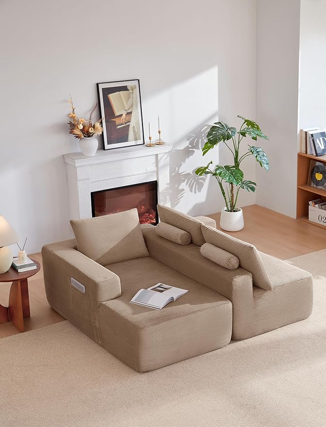 Vanress 97" Cloud Couch Sectional, Corduroy Boneless Couch with L-Shape Chaise,Modern Modular Sectional Sofa Comfy Deep Seat for Living Room, Bedroom, No Assembly (Camel, Left Facing Chaise)