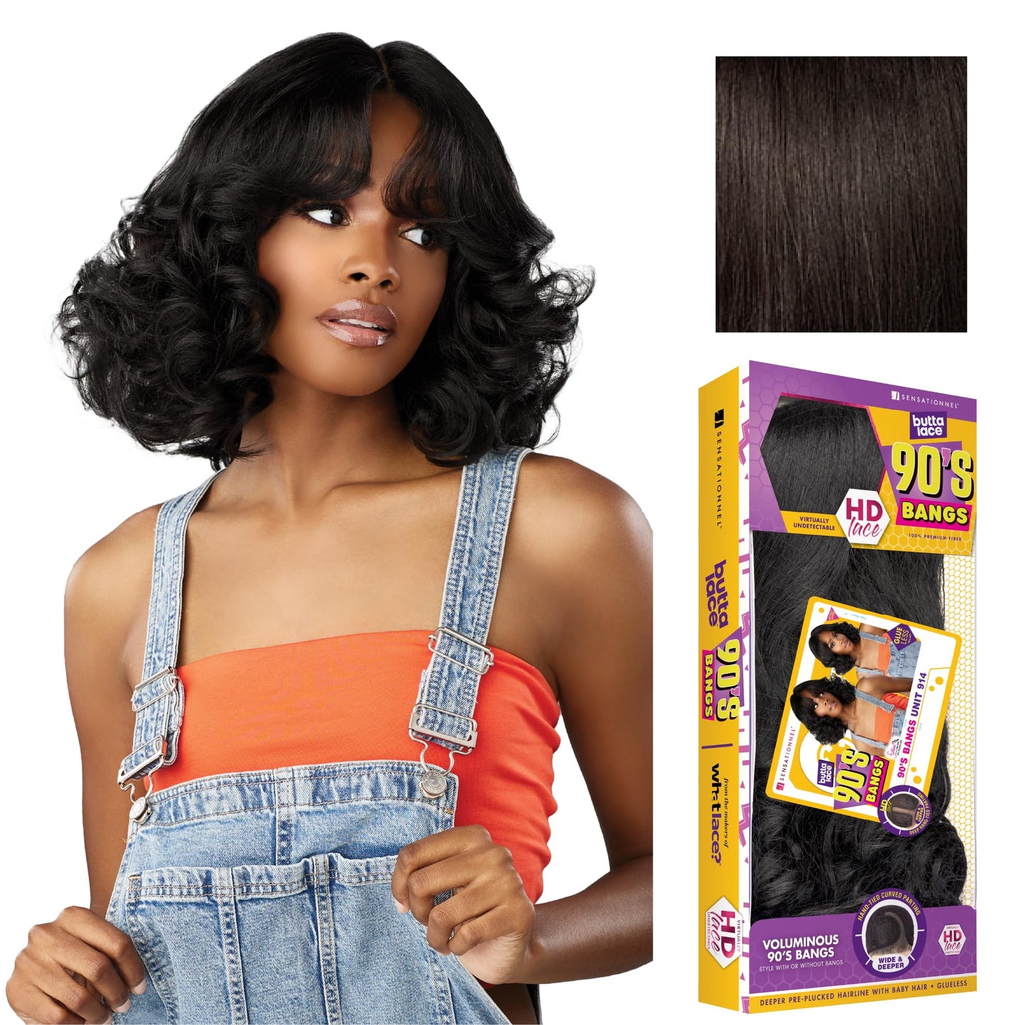 Sensationnel Butta Lace 90Sbangs Wigs - Unit 914 Glueless Wide Deep Part Synthetic Preplucked Hairline (2 DARKBROWN)