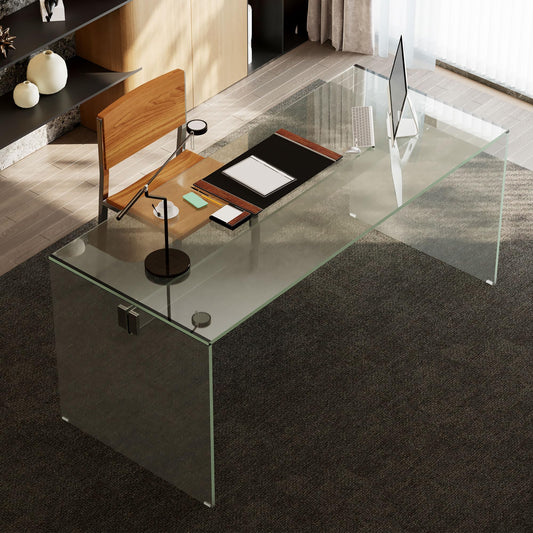 NessCarsti 53.14" Modern Tempered Glass Office Desk, Minimalist Style Rectangular Workstation Table, Sturdy & Sleek Design for Home Office & Living Room, Clear
