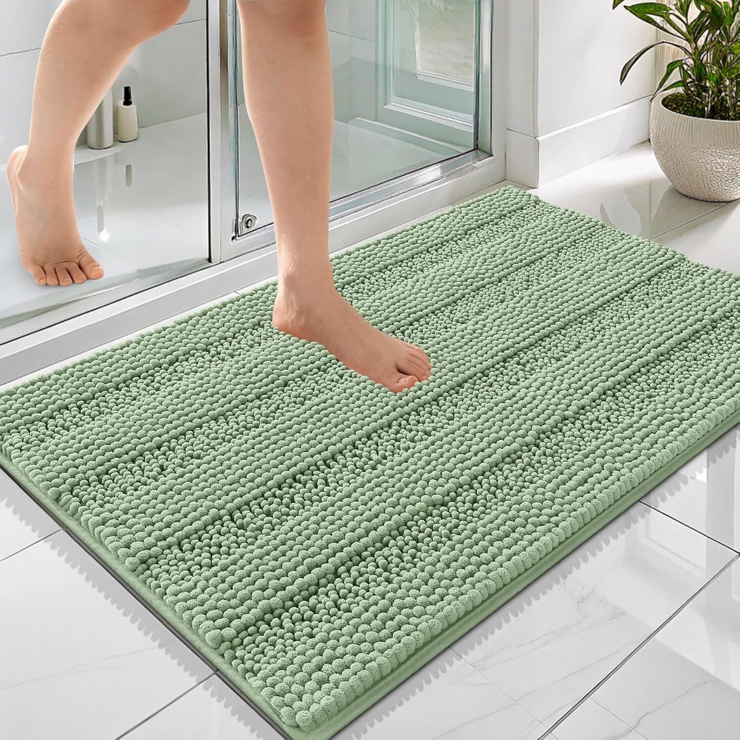 OLANLY Thick Bathroom Rugs 36x24, Extra Soft Absorbent Chenille Striped Bath Rugs, Rubber Backing, Machine Wash Dry, Bath Mats for Bathroom Floor, Tub and Shower, Home Decor Accessories, Sage Green