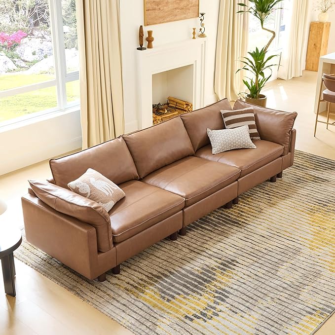 CHITA 127" Super Large Sectional Couches for Living Room, Modular Cloud Couch Sectional Sofa, Premium Genuine Leather Sofa, Down Filled, High Density Foam, Real Leather in Saddle, 3 Seater