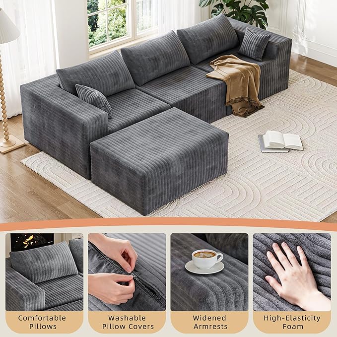 CABZOON 110" Cloud Couch Sectional for Living Room L-Shape Boneless Couches Modular Sectional Sofa with Deep Seat Plush with Chaise,No Assembly Required, Carbon Gray(Plush Corduroy Fabric)