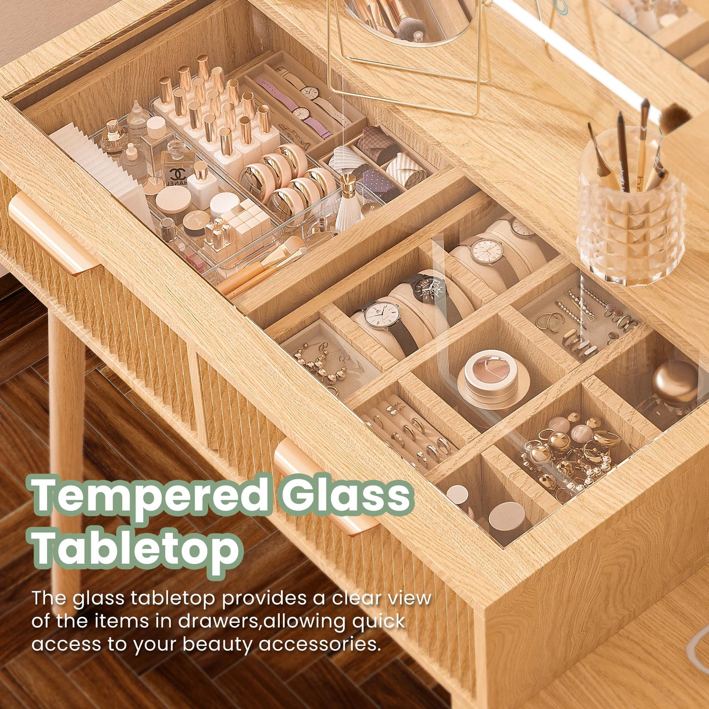 Fkhouse Fluted Makeup Vanity Desk with Mirror and Lights, 5 Drawers Glass Top Makeup Vanity with 4 Storage and 9-Grid Organizer, 3 Color Ribbed Glass Dressing Table with Charging Station, Natural Oak