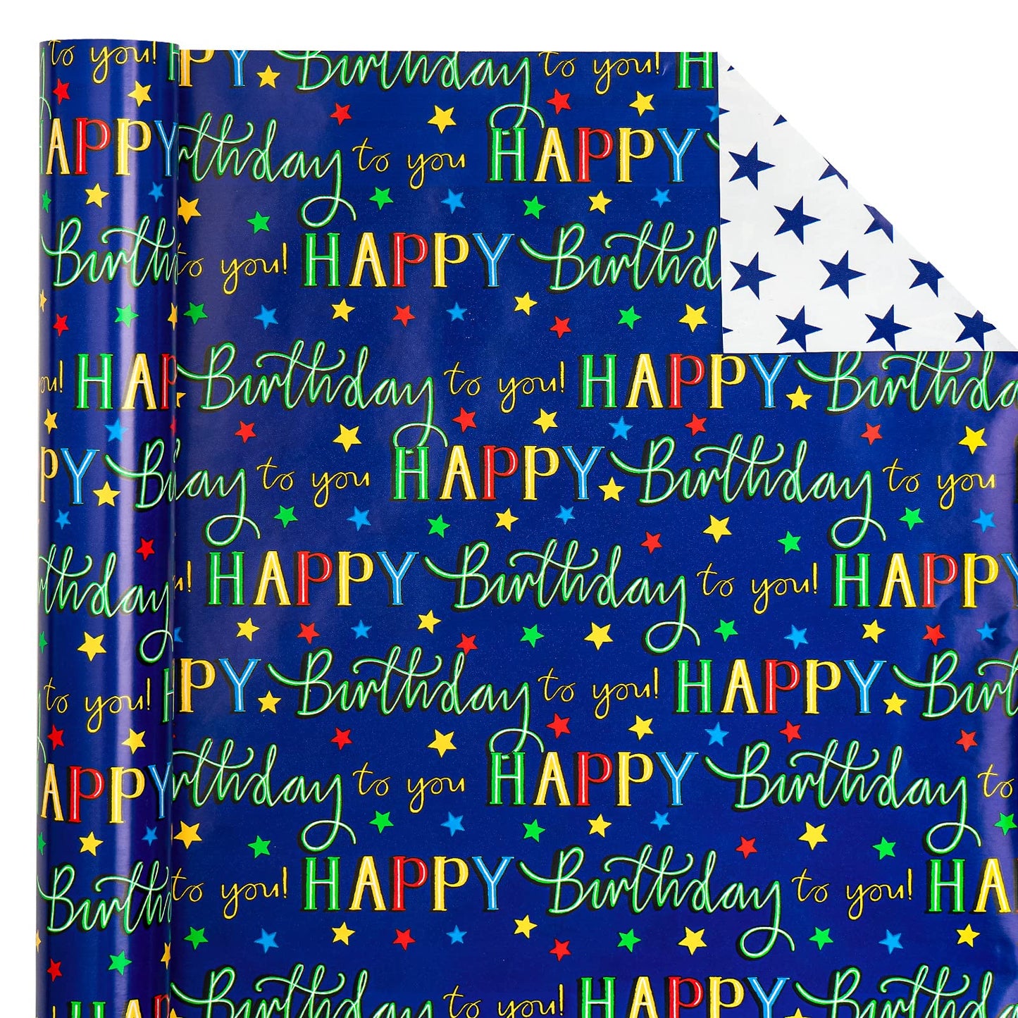 WRAPAHOLIC Jumbo Reversible Birthday Wrapping Paper - 30 Inch x 33 Feet - Colorful Happy Birthday Lettering and Stars Design for Birthday Party, Baby Shower, Holiday