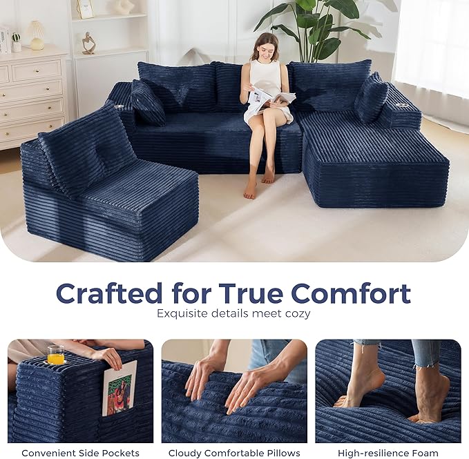 MAXYOYO 132" Oversize Modular Sectional Couch with L-Shape Chaise, Modern Boneless Couch for Living Room, Sofa in A Box, Oversized Sofa Sleeper with Deep Seat, No Assembly Required, Navy