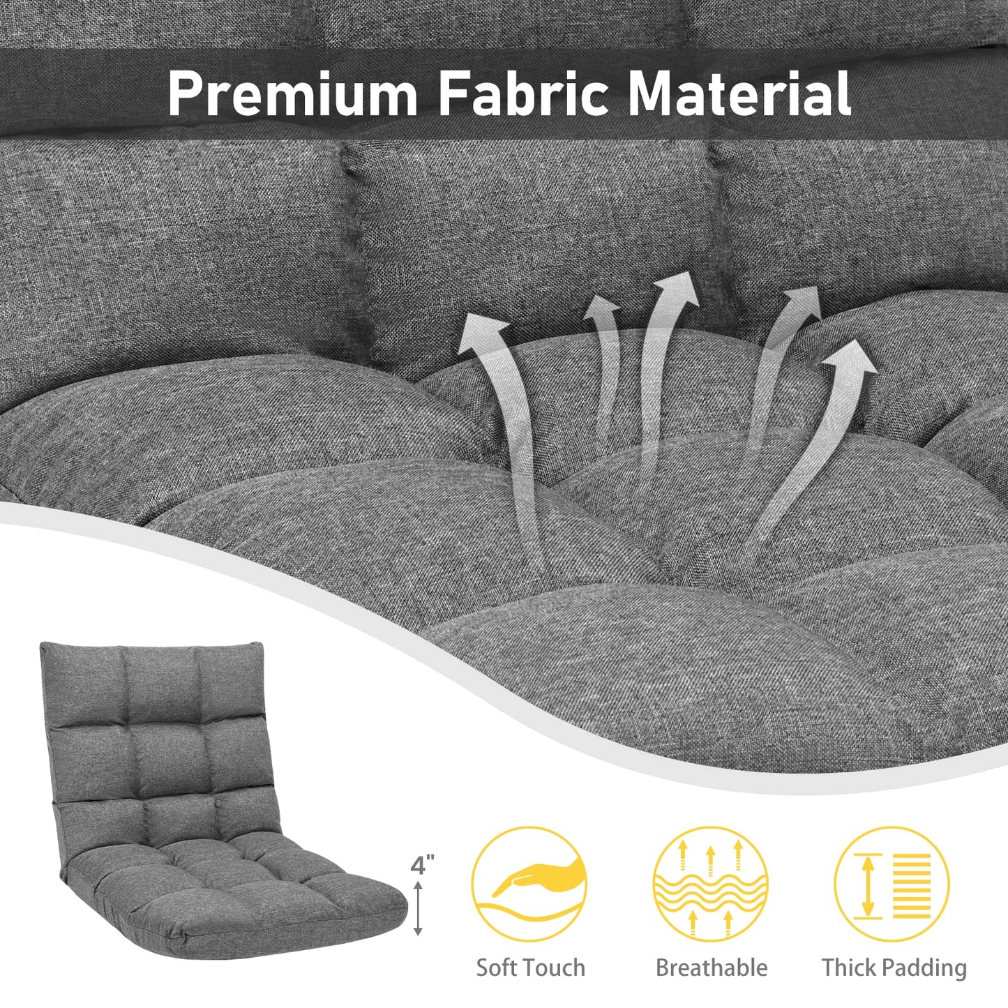 COSTWAY Floor Chair, Folding Gaming Chair with Back Support, 14 Adjustable Positions, Alloy Steel Frame, Lazy Sofa Lounge for Playing Reading Meditating Room Recliner for Adults, Kids (Gray)