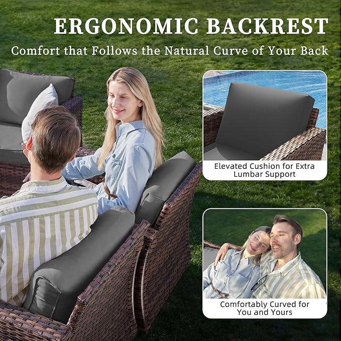 UDPATIO Patio Furniture Set with Fire Pit Table, Rocking Swivel Chairs, 5 Pieces Outdoor Furniture Sets, All-Weather Wicker Outdoor Sectional Sofa with Waterproof Cover, 4'' Thickened Cushion, Grey