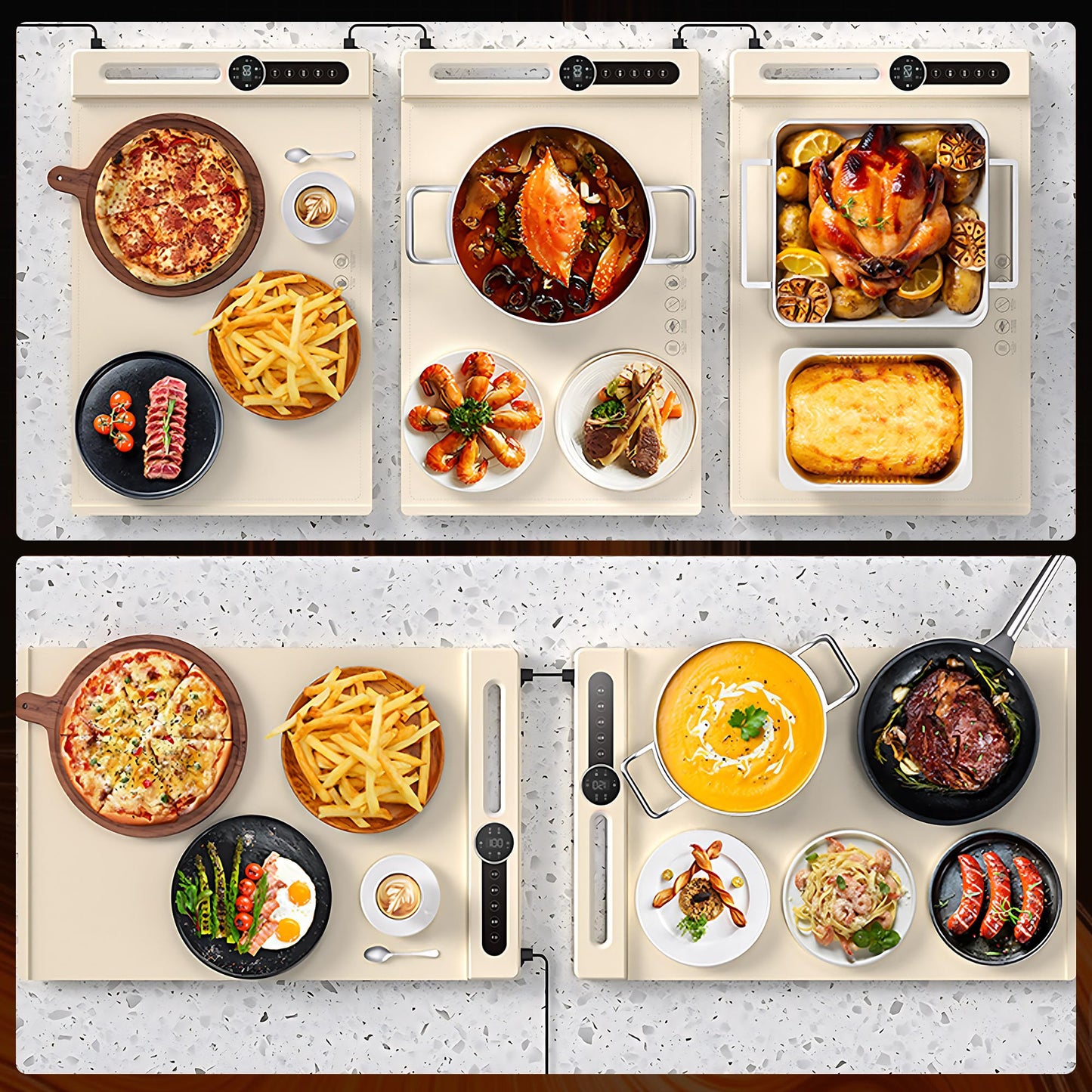 MUALIK Warming Mats for Food Countertop, Roll-UP 2 Pack Fast Heating Tray Silicone with 7 Level Temperature, 2 Zone and 3 Pad Parallel Expandable, Automatic On-Off Timer Setting (beige-2 pcs, wcb2)