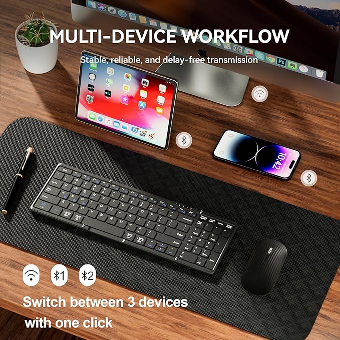 Foldable Keyboard and Mouse, USB-C Rechargeable Folding Wireless Bluetooth Keyboard Combo, Full-Size Portable Travel Keyboard & Mouse for Business Travel, Compatible with Laptop iPad Tablet