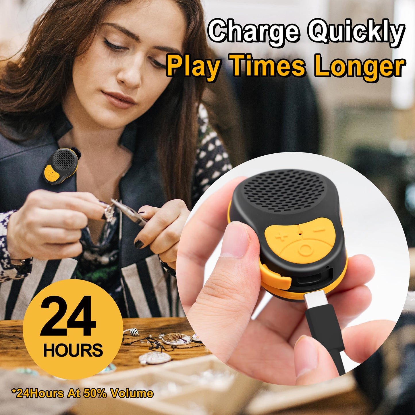 STDFORU Small Wearable Bluetooth Speaker Clip On Wireless Jobsite Pro Water-Resistant Portable Bluetooth Speaker Mini Wearable Speakers with Microphone for Workout Cycling Running (Black+Yellow)