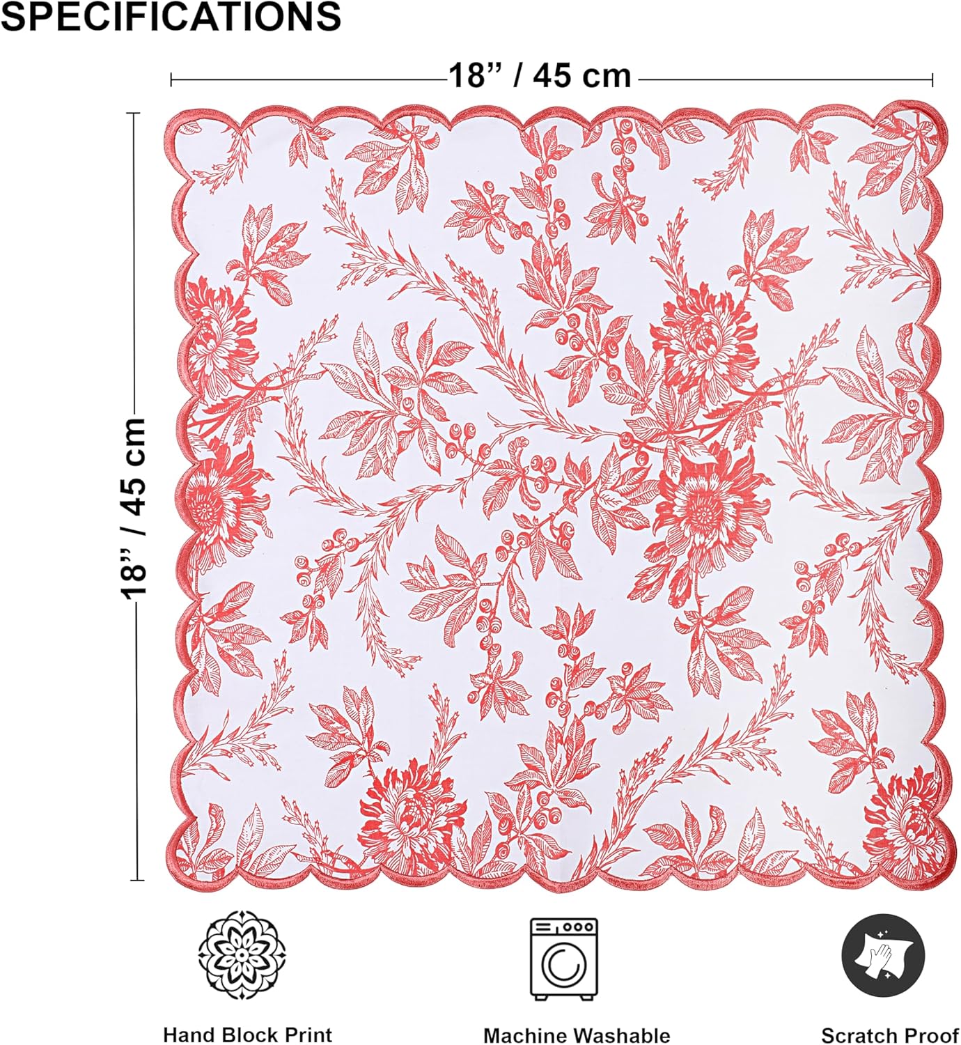 Ridhi Peach Coral Hand Block Print Napkins 18" x 18" Set of 4 Reusable Cotton Dinner Napkins for Weddings, Parties & Everyday Dining, Thanksgiving, Christmas, Fall