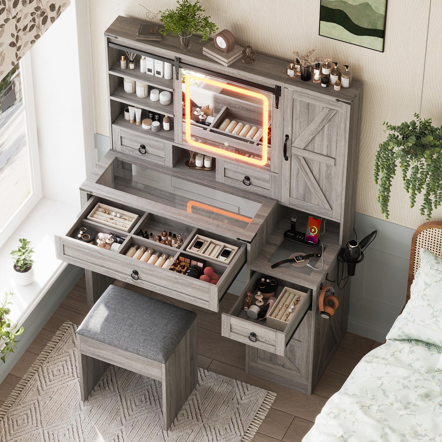 Merax Farmhouse Vanity Desk with Sliding Mirror and Lights, Elegant Dressing Table with Stool for Bedroom, Makeup Vanity Table & Glass Top Drawers and Charging Station, Gray