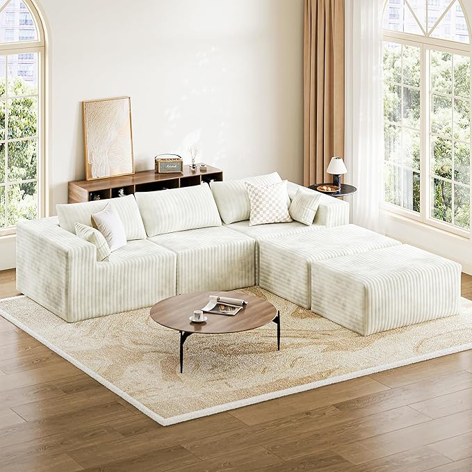 CABZOON 110" Cloud Couch Sectional for Living Room U-Shape Boneless Couches Modular Sectional Sofa with Deep Seat with Chaise,No Assembly Required, Carbon White(Plush Corduroy Fabric)