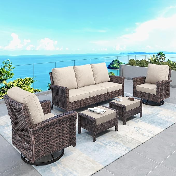 SUNSHINE VALLEY 5 Pieces Patio Furniture Set with Swivel Chairs, High Back Wicker Rattan Sofa with Extra Thick Cushion and Ottoman, Outdoor Conversation Set for Garden Backyard Deck,Beige