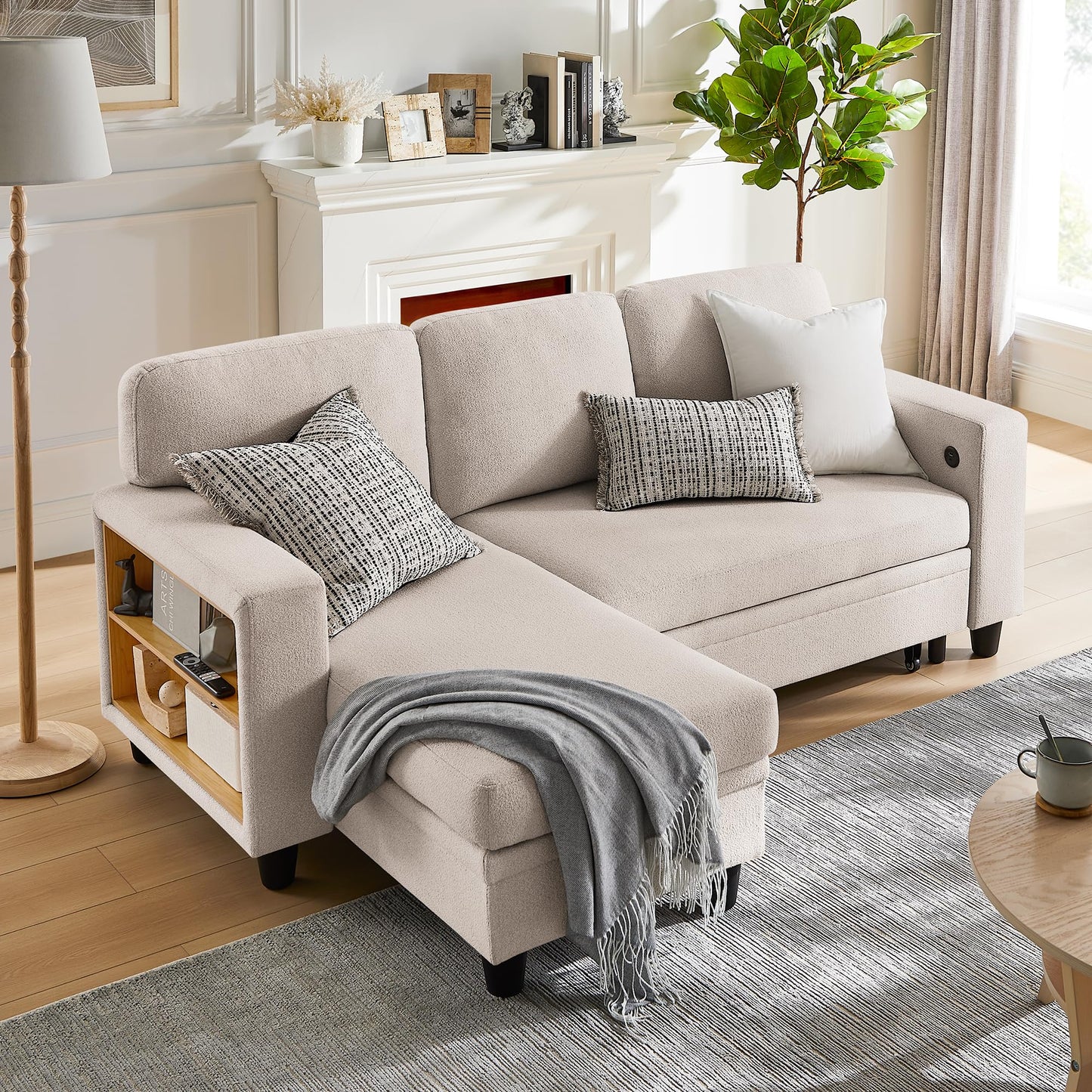 RedLemon 80” Sleeper Sofa Bed,L-Shaped Convertible Sectional Couch with Storage Chaise,2 Built-in Bookshelves and USB Charging Port - Comfy Sofa for Living Room, Apartment, Beige