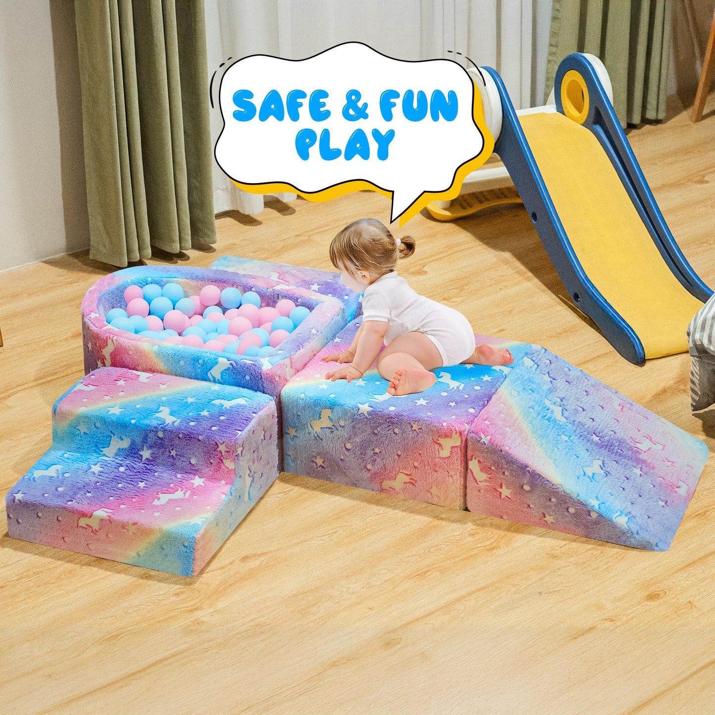 Lamerge Kids Couch, 5-in1 Modular Sectional Toddler Playing Sofa, Glow-in-The-Dark Convertible Foam Couch, Multi-Combination, Ages 1-6, Develop Hands-on Skills and Imagination (Color Unicorn, A)