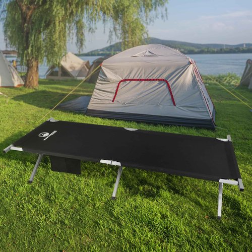 Camping Cot - Portable Folding Camp Bed - 600D Sleeping Cot for Adults with Steel Frame by Wakeman Outdoors (Black)