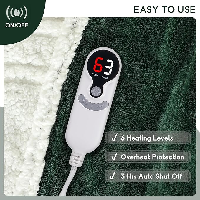 Heated Blanket Electric Throw Size 50''x60'' with 9 Heating Levels, 3 Hour Auto Shut Off, Machine Washable, Flannel & Sherpa Double-Sided Soft Warming Blanket for Couch, Bed, Office - Grass Green