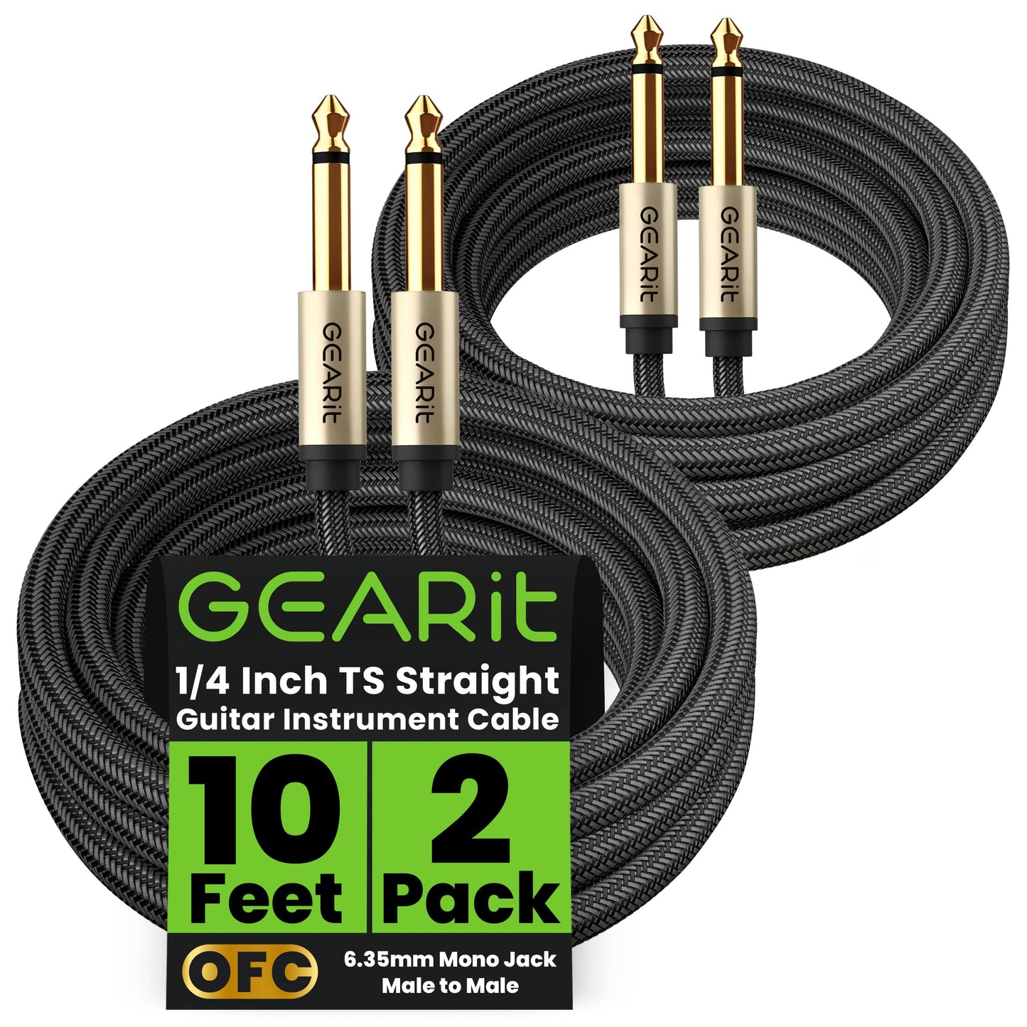 GEARit Guitar Instrument Cable (10ft 2-Pack) 1/4 Inch to 1/4 inch TS Straight Male to Male 6.35mm Mono Jack with Alloy Connector