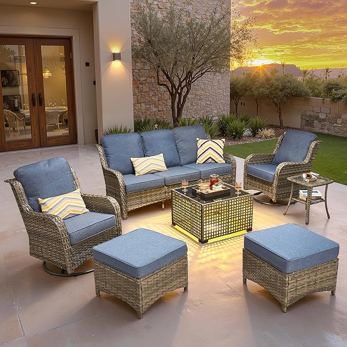 ovios 7 Pieces Patio Furniture Set, Outdoor Wicker Sofa Couch with Swivel Chairs Solar Lights Table, High Back Modern All Weather Conversation Sets, Grey Rattan, Denim Blue