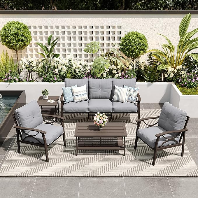 FansaFurn 5-Pieces Outdoor Patio Furniture Set, Outdoor Metal Sectional Furniture with Cushions, Outdoor Conversation Seating Set with Coffee Table for Garden, Balcony, Deck, Backyard, Grey