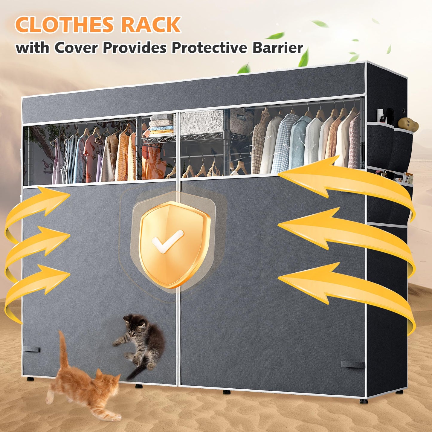 Raybee Heavy Duty Clothes Rack with Cover Loads 900LBS Portable Clothing Rack for Hanging Clothes,Adjustable feet for stability, Black, 74.9" Wx17.8 Dx76.9 H