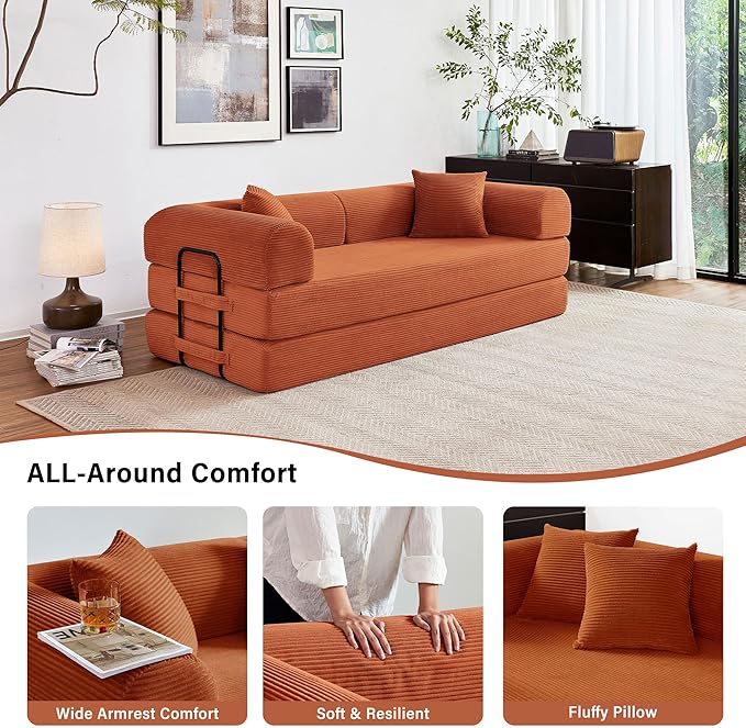 79" 5-in-1 Folding Convertible Sofa Bed, Oversized Corduroy Futon Floor Couch with Pull-Out Sleeper, Modular Boneless Loveseat for Small Spaces, Living Room, Bedroom (Orange)