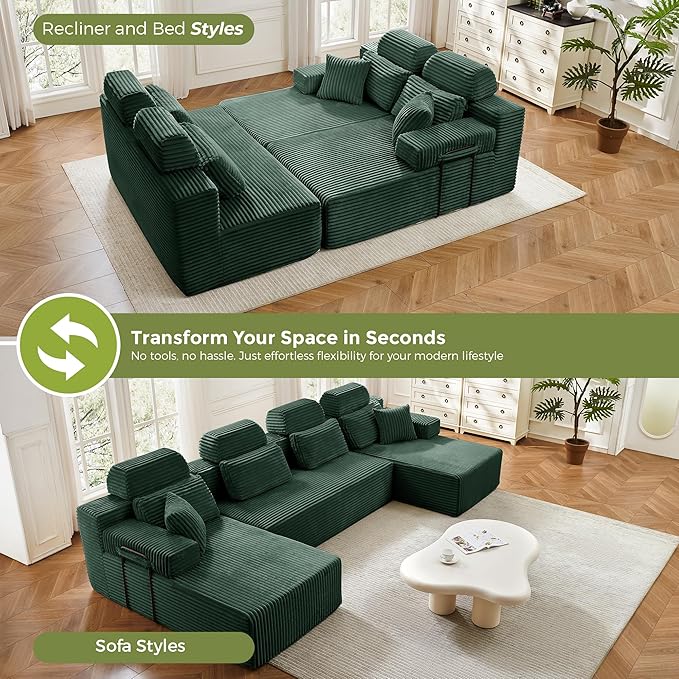 141" U-Shaped Cloud Modular Sectional Sofa with Chaise & Headrest, Boneless Deep Seat Plush Corduroy Couches for Large Living Room, No Assembly Required (Green, 141" U-shapred Chaise)