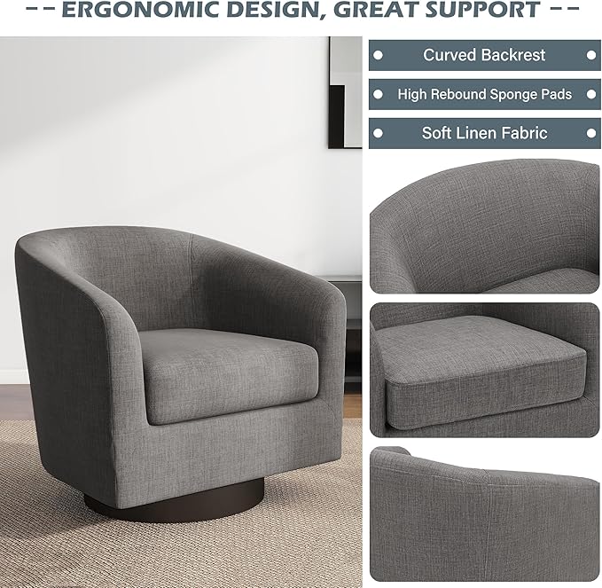 UIXE Swivel Barrel Accent Chairs Set of 2, Fabric Upholstered Armchair Modern Round Club Arm Chair for Living Room, Comfy Single Sofa Seating Bedroom Side Reading Seat for Home Office - Gray