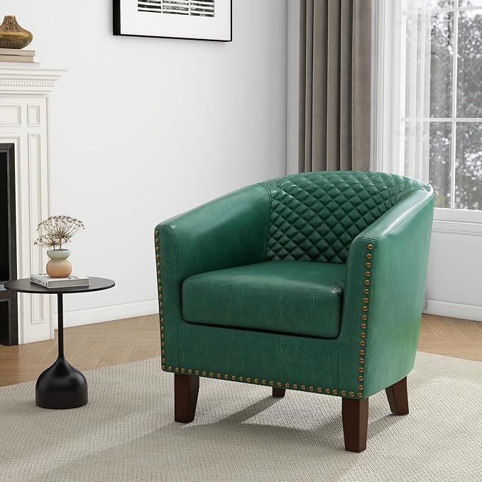 UIXE Faux Leather Barrel Accent Chairs Set of 4, Modern Club Upholstered Arm Chair, Comfy Armchair Nailed Trim Living Room Single Sofa Reading Seat Bedroom Side Sitting for Office, Green