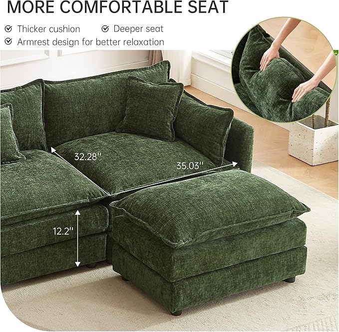 saows Modular Sectional Sofa, 147.2 Inch L Shaped Couch Set with Armrests, 4-Seater Comfy Cloud Couches with Movable Ottoman for Living Room Apartment, Green