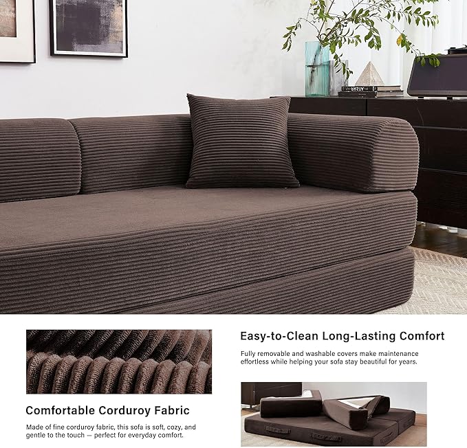 79" 5-in-1 Folding Convertible Sofa Bed, Oversized Corduroy Futon Floor Couch with Pull-Out Sleeper, Modular Boneless Loveseat for Small Spaces, Living Room, Bedroom (Brown)