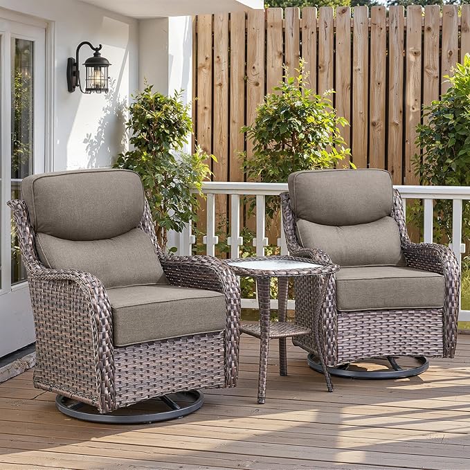 Belord Luxury 6" Thick Cushioned Outdoor Swivel Rocker Patio Chairs with Side Table, High Back Wicker Furniture Set with Ergonomic Zone Back, Conversation Glider Set for Deck Porch - Brown+Grey