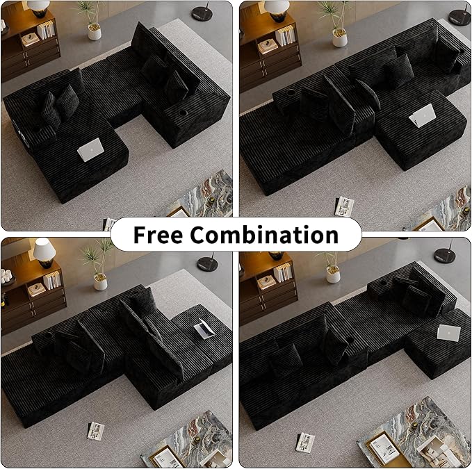 Cibert 104.3" Modular Sectional Sofa with Ottoman, Black Boneless Couch Left Facing Chaise U Shaped Couches with USB Ports, 2 Cup Holders, 2 Storage Bags & Lint Remover, No Assembly Sectional Couch