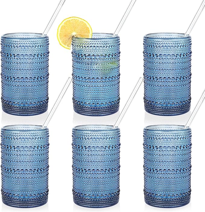 KMIGRUAN Large Hobnail Drinking Glasses Set of 6,15oz Blue Vintage Glassware,Embossed Glass Cups,Water Tumbler,Highball Gl...