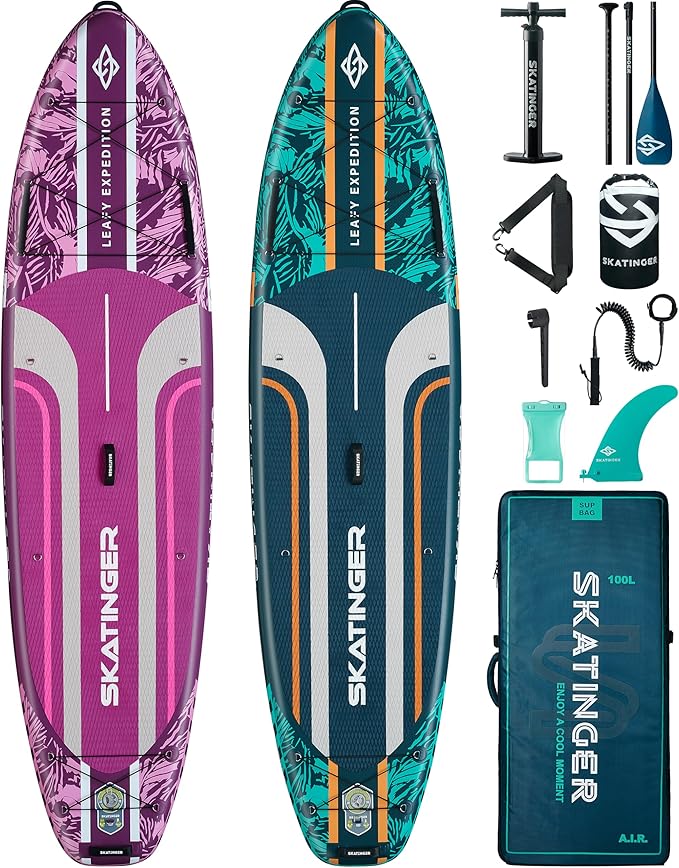 Skatinger Leafy Green & Purple Bundle｜11'6"x35" Super Wide Inflatable Stand Up Paddle Boards, All Accessories2, 100L Backp...