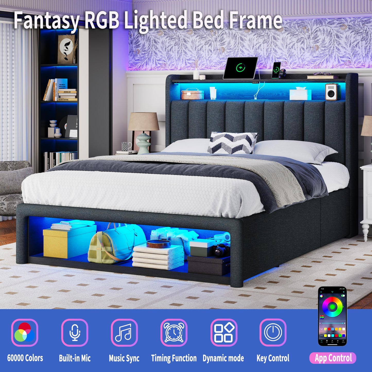 ChicZhiNest Queen Bed Frame with Storage Headboard & Charging Station, LED Light, 2 Storage Drawers & Cabinet, Upholstered Platform Bed with Sturdy Wooden Slats, Noise-Free, No Box Spring, Dark Grey