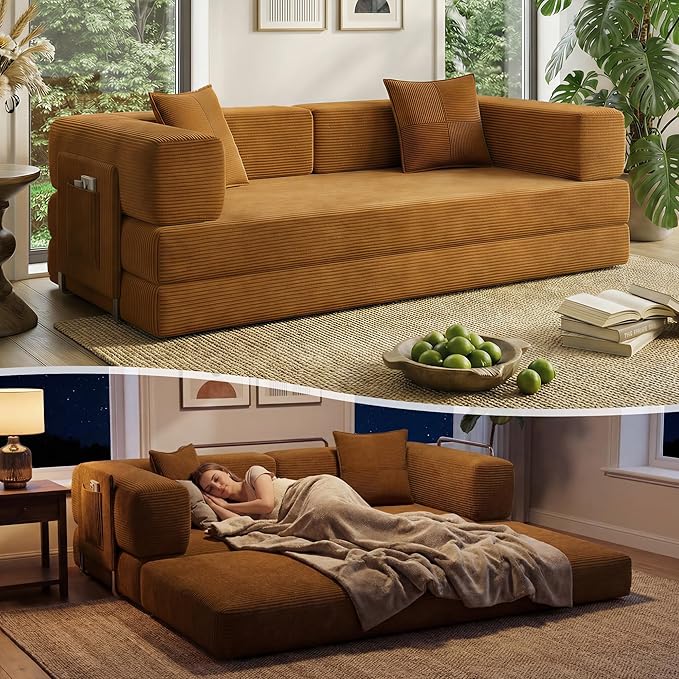 Fancyfire 78.8" Convertible Sofa Bed with Armrest Pillow,4-in-1 Sleeper Couch Bed for Livingroom,Modular Corduroy Boneless couches,No Assembly (Yellow)