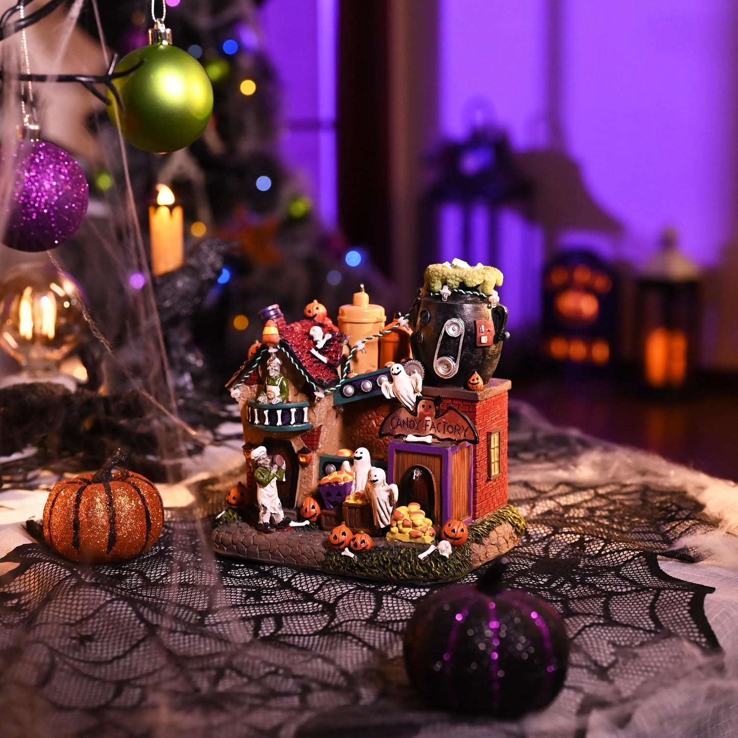 Valery Madelyn Halloween Decorations, Lighted Halloween Village Houses with Music and LED Lights, Resin Haunted House Spooky Town Scary Candy Factory for Home and Party Table Desk Mantel, 8 Inch