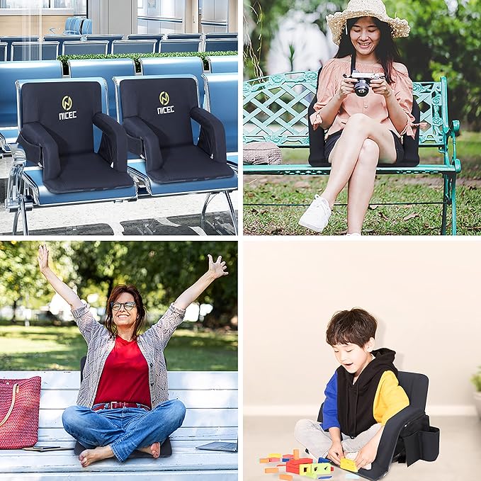 Nice C Stadium Seats, Floor Chair, Bleacher Chairs, 5 Reclining Positions Waterproof Cushion, Ultralight, Foldable, Extra Thick Padding, with Shoulder Straps & Net Pockets, Power Bank Not Included