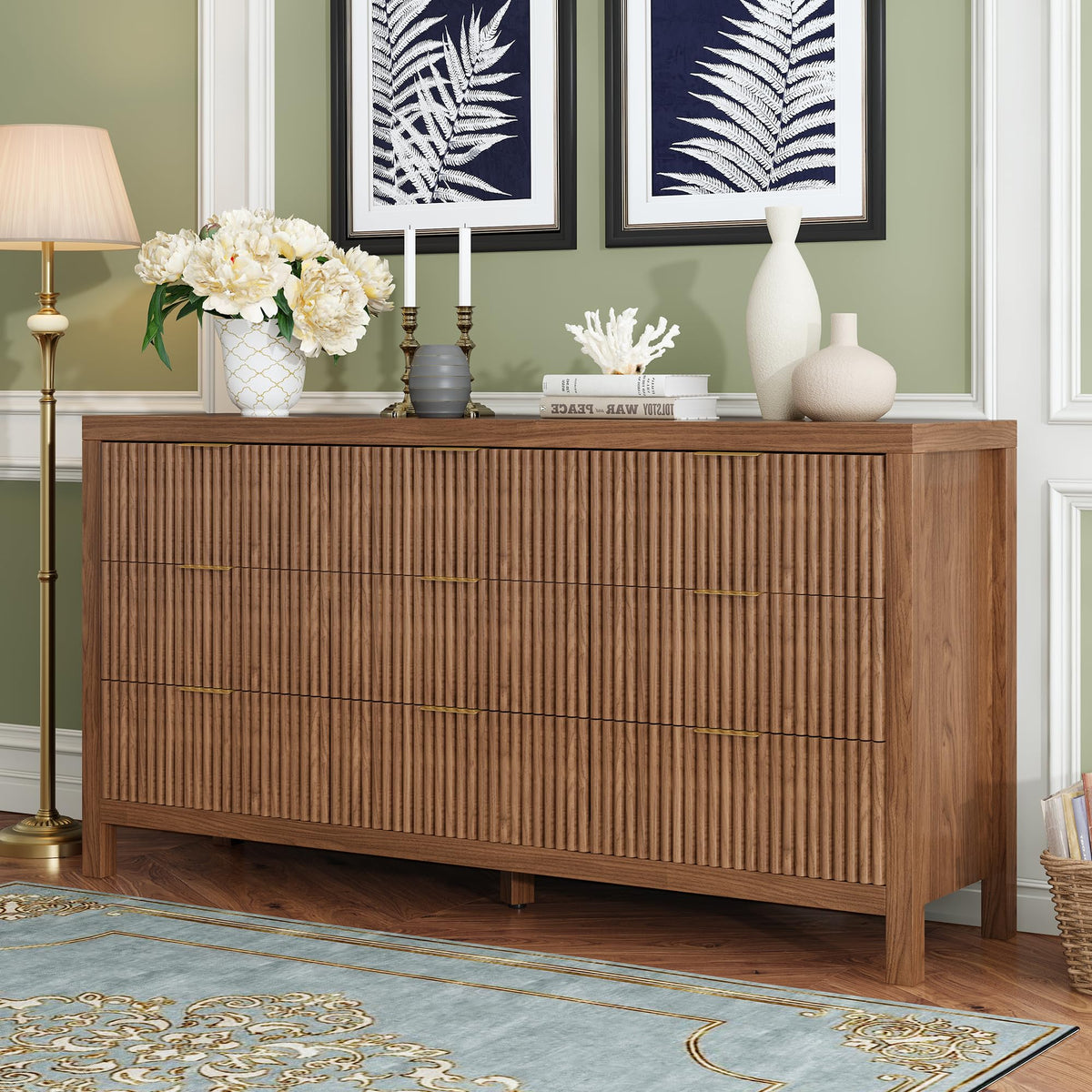 JZXSHD 9 Drawers, Modern Large Chest Mid Century Modern Dresser TV Stand, Storage Organizer Dresser with Solid Natural Wood Legs for Bedroom, Living Room, Hallway, Walnut Oak