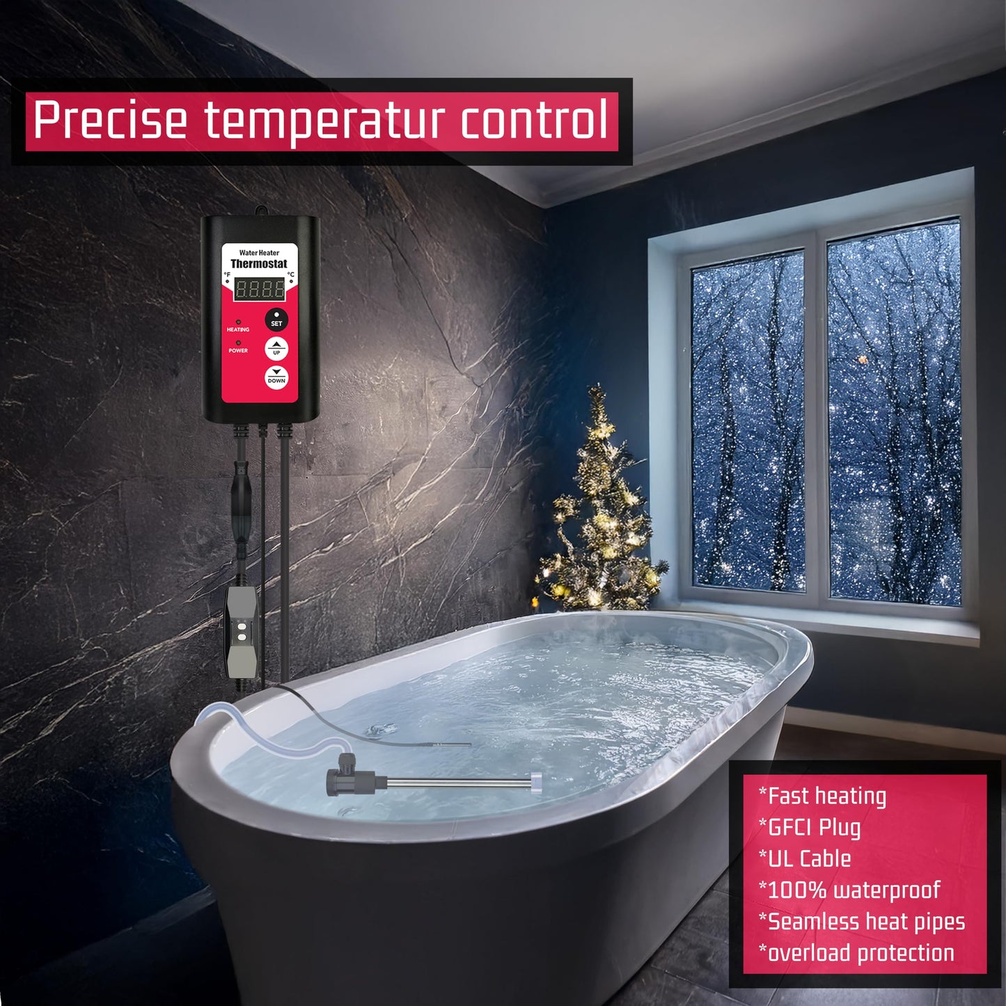 YLboyLIAN 1800W Titanium Immersion Bathtub & Pool Water Heater Portable Electric Submersible Heater with Temp Control & GFCI – for Hot Tubs, Above-Ground Pool, baptism, Baptistry, pond & inground pool