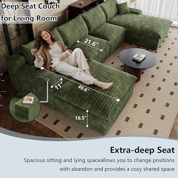 136" Cloud Sectional Couch U-Shaped Chaise with Ottoman, Corduroy Boneless Couch for Living Room Bedroom, Deep-Seat Upholstered Modular Cloud Sofa, No Assembly Required (Green, Right Facing Chaise)