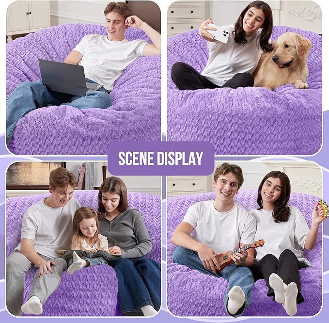 4FT Bean Bag Chair,Giant Bean Bag Chairs for Adults,Big Bean Bags with Memory Foam Filled, Large Beanbag Chairs with Chevron Plush Cover-Purple