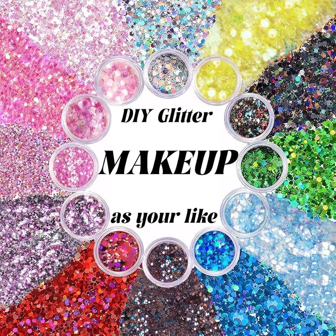Body Glitter Face Glitter, Hair Glitter for Kids, 12 Shapes Fine Chunky Glitter Gel for Women Girls Makeup Sparkles Party Mermaid Sequins Rave Accessories Singer Concerts (White-Gold-Sliver-Pink)
