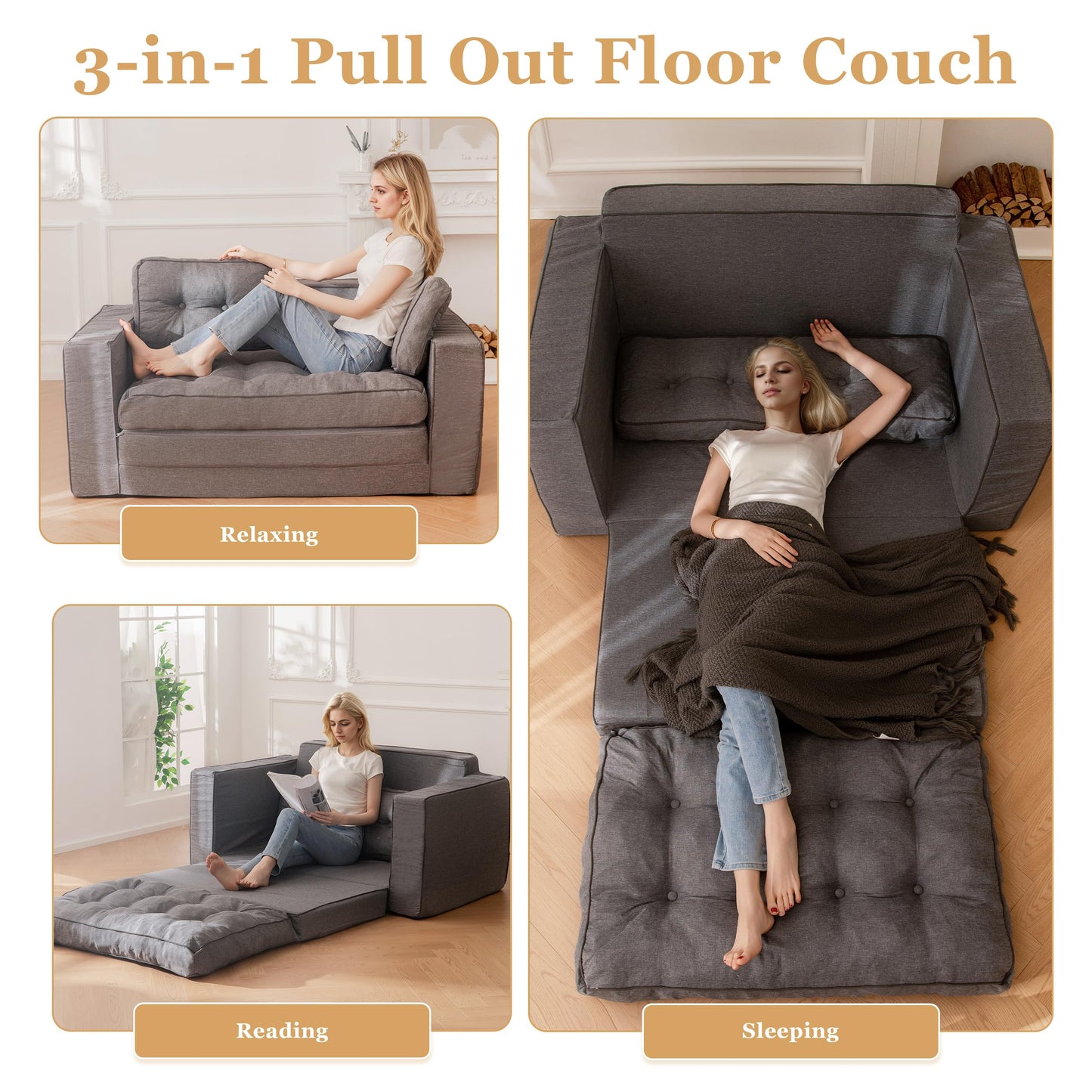 YOSHOOT Loveseat Sleeper Sofa,55" Convertible Sofa Bed Couch Futon Couches for Living Room,3-in-1 Pull Out Floor Couch with Reclining Backrest and Pillows